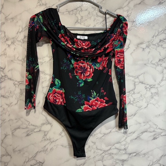 NEW AFRM Black Bodysuit with Red and Green Floral Design Size S - Picture 1 of 7